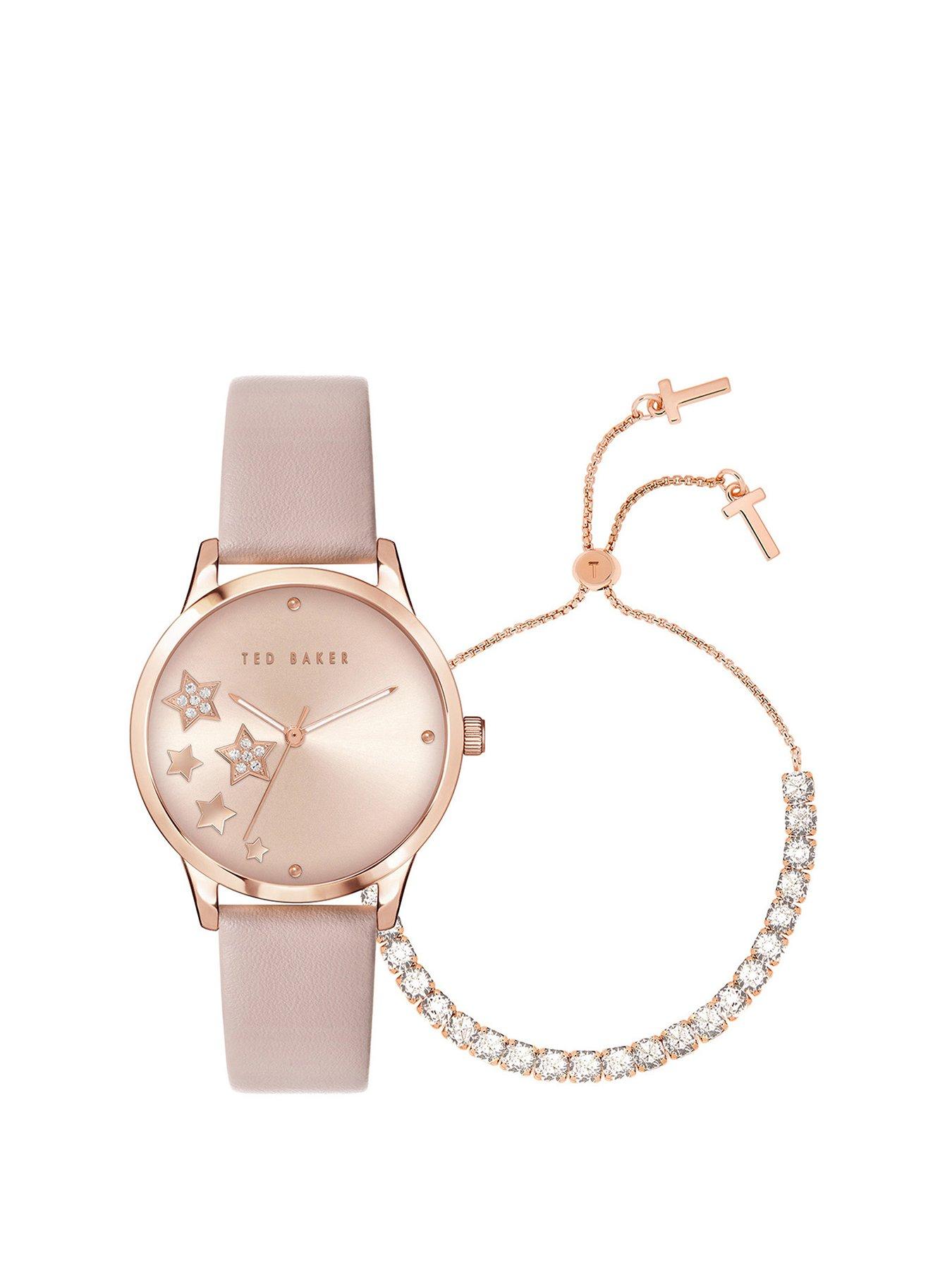 Product photograph of Ted Baker Rose Gold Case Pink Sunray Dial With White Crystals Stars Pink Leather Strap Icon Crystal Bracelet Gift Set from very.co.uk