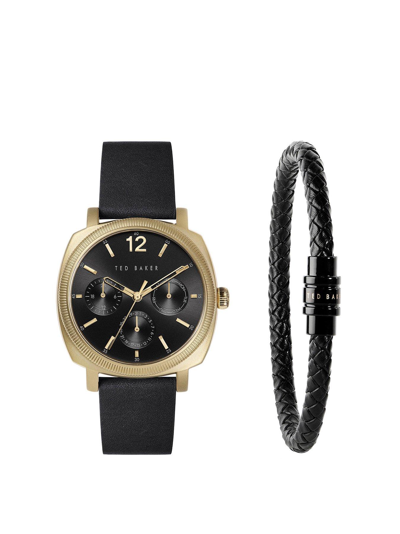 Product photograph of Ted Baker Yellow Gold Case Black Dial Black Leather Strap Leather Bracelet Gift Set from very.co.uk