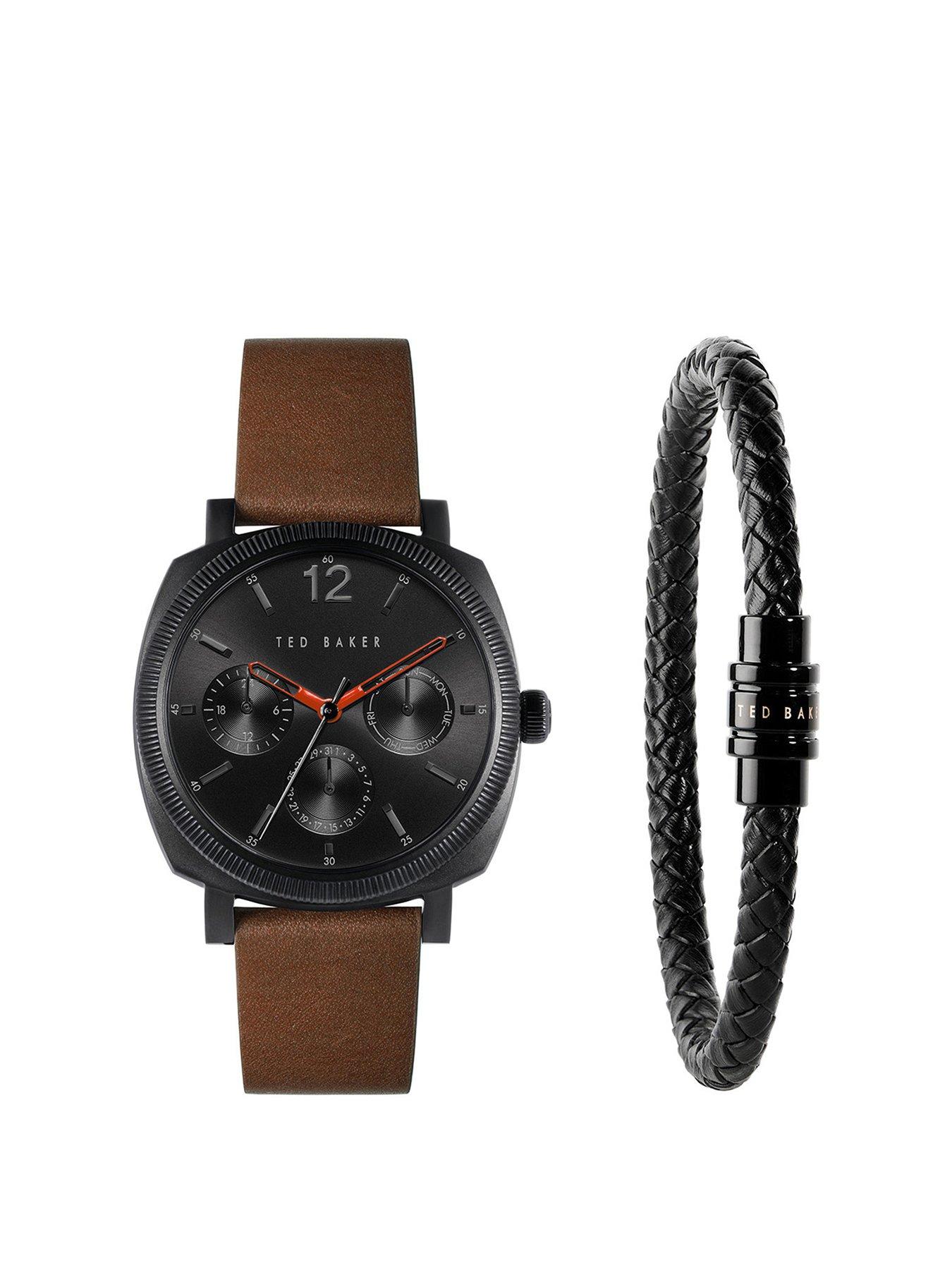 Product photograph of Ted Baker Black Case Black Dial Tan Leather Strap Leather Bracelet Gift Set from very.co.uk