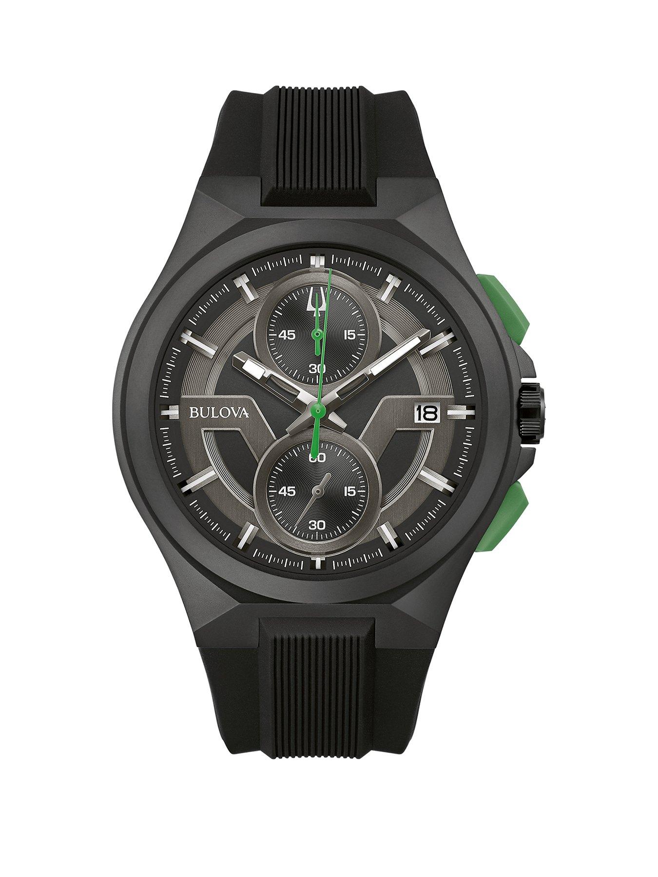 Product photograph of Bulova Men S Maquina Black Strap Chronograph Watch from very.co.uk