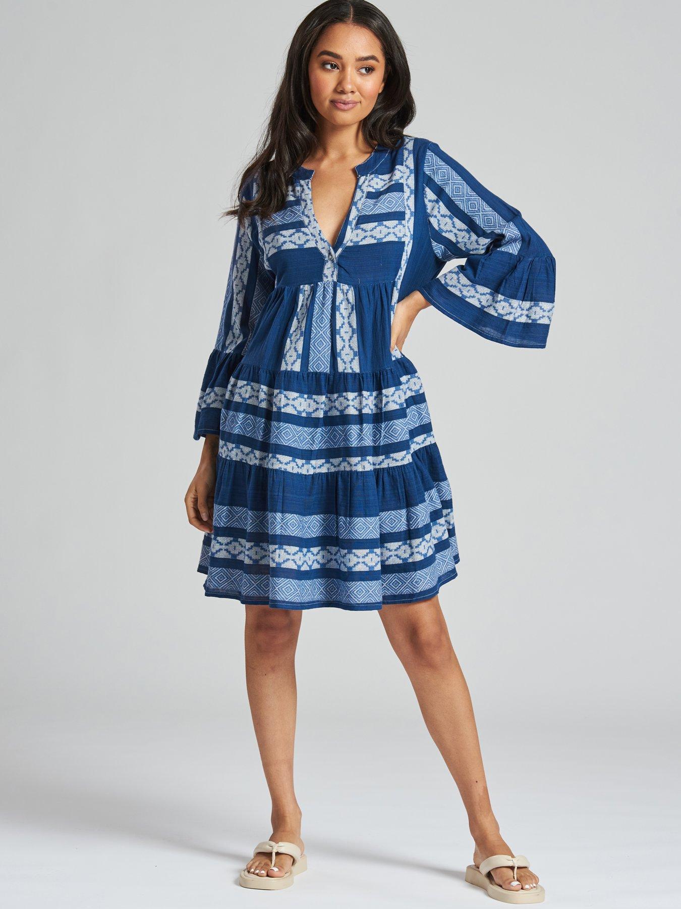 South Beach Southbeach Navy Jacquard Woven Cotton Beach Dress