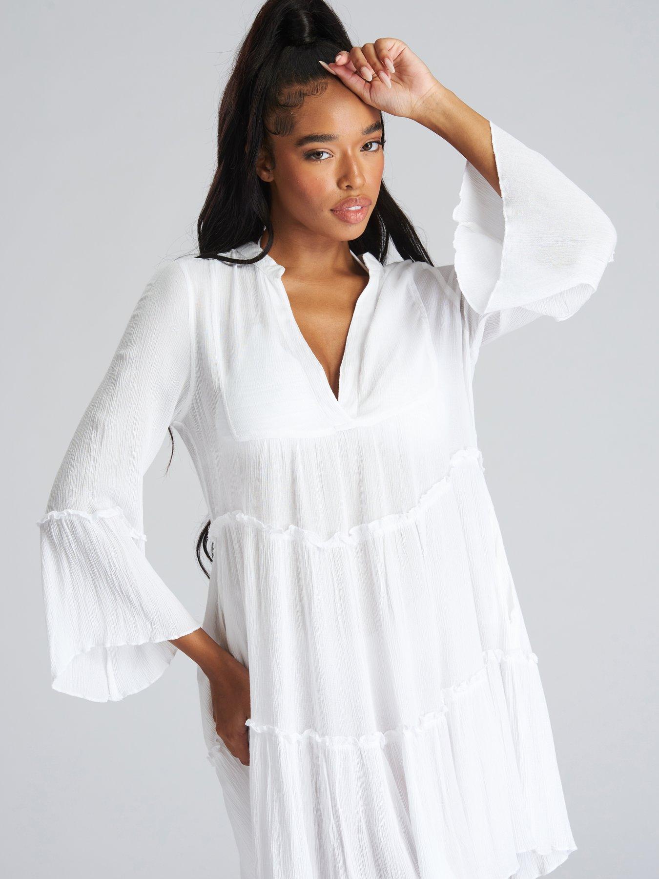 Crinkle Pull Over Tiered Beach Dress White