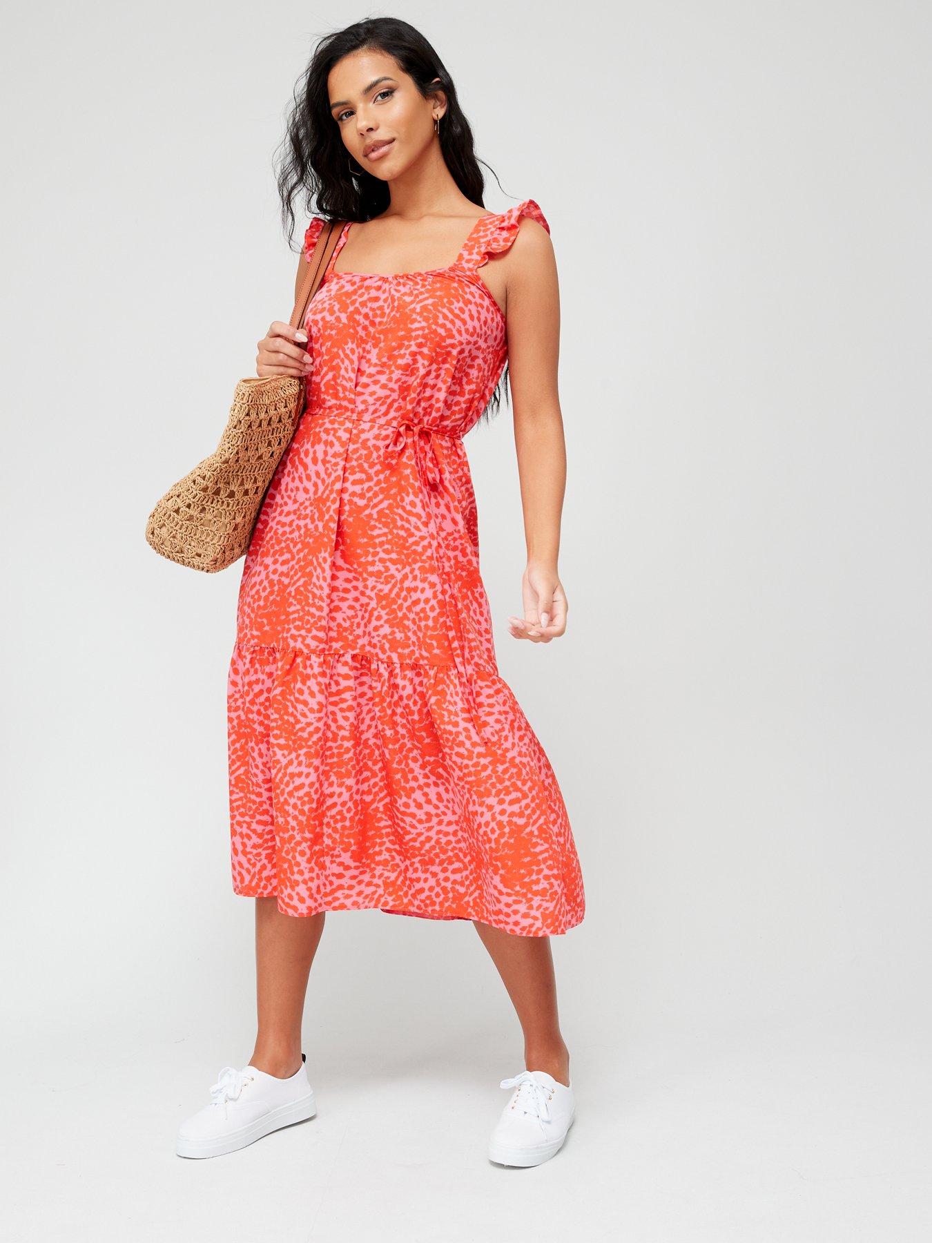 Ruffle strap midi clearance dress