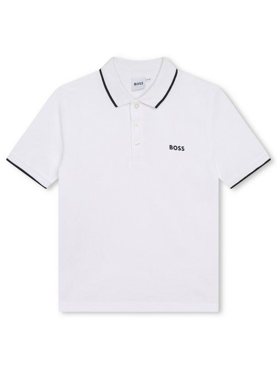 front image of boss-boys-short-sleeve-logo-polo-white