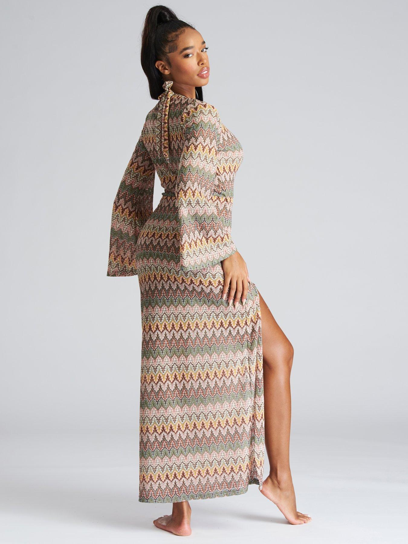 South Beach Rustic Crochet Deep Plunge Maxi Kaftan Splits At Each