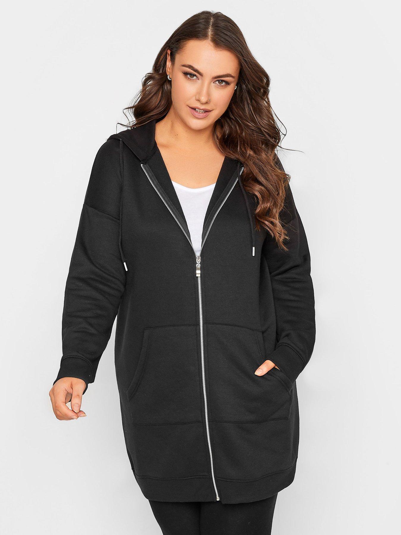 Yours Longline Zip Through & Hoodie, Black, Size 30-32, Women
