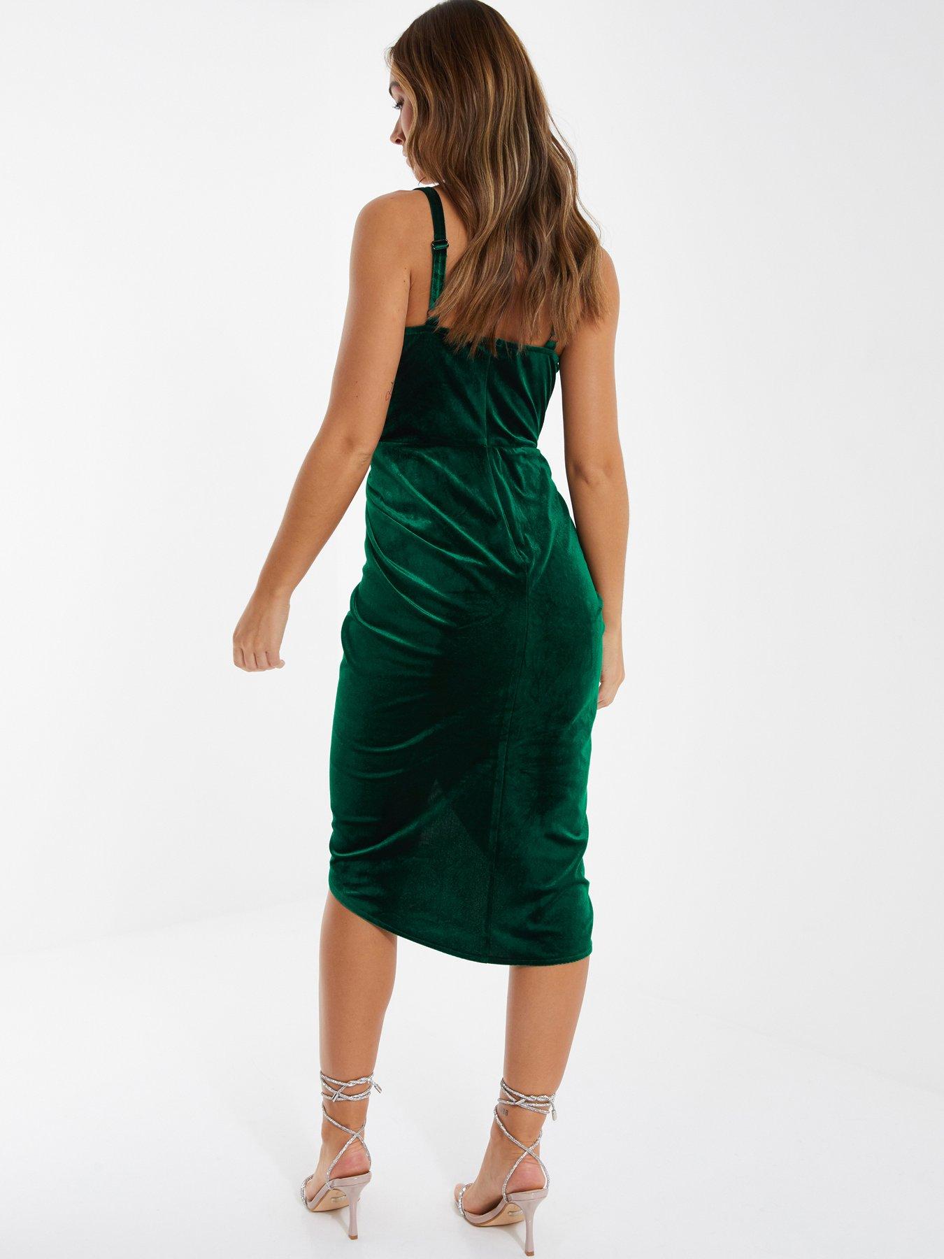 Quiz Velvet Ruched Midi Dress - Dark Green | Very