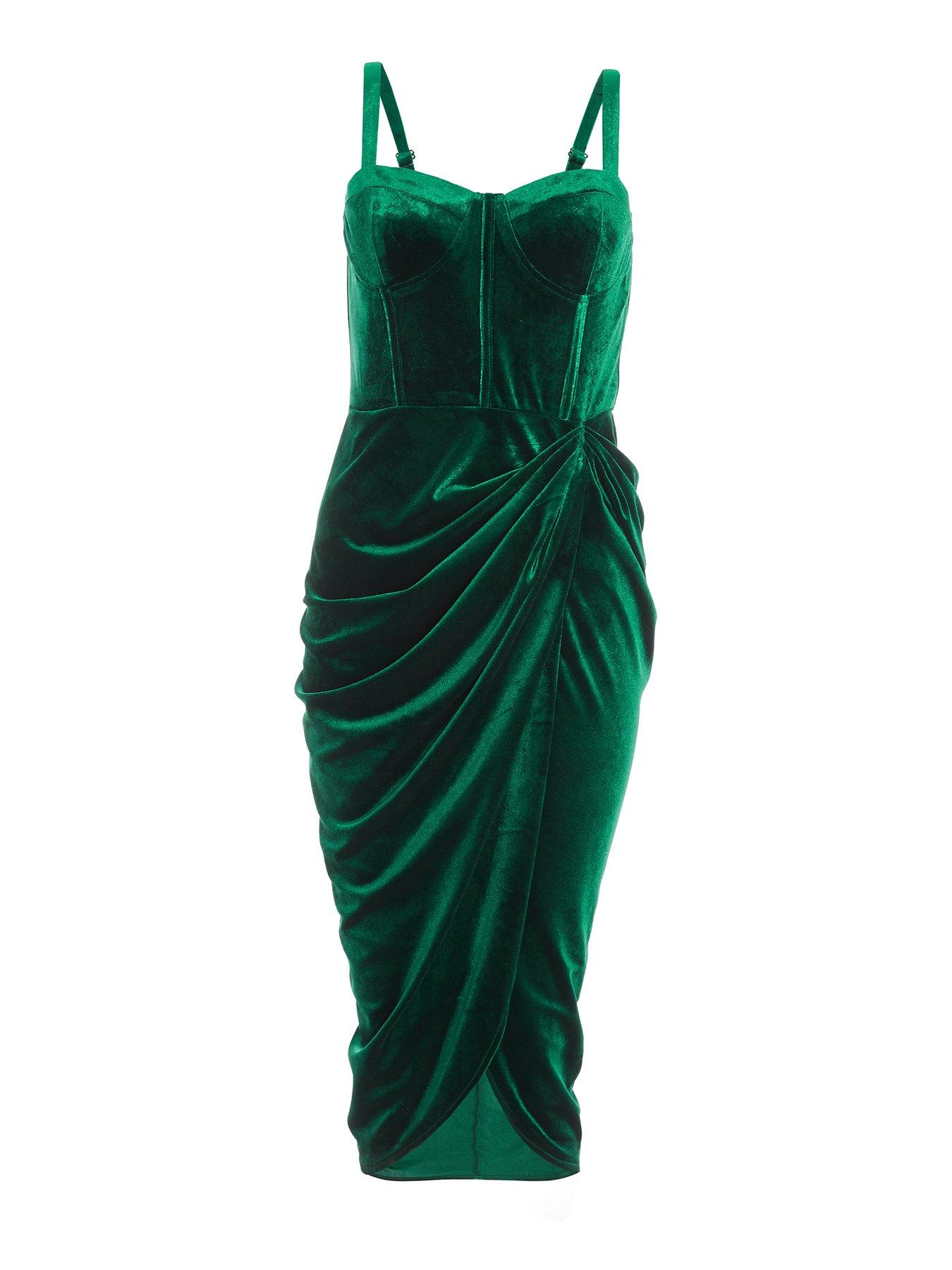 Quiz Velvet Ruched Midi Dress Dark Green