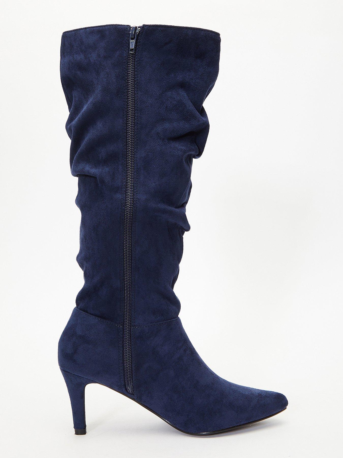 Quiz Ruched Knee High Heeled Boots Dark Blue Very