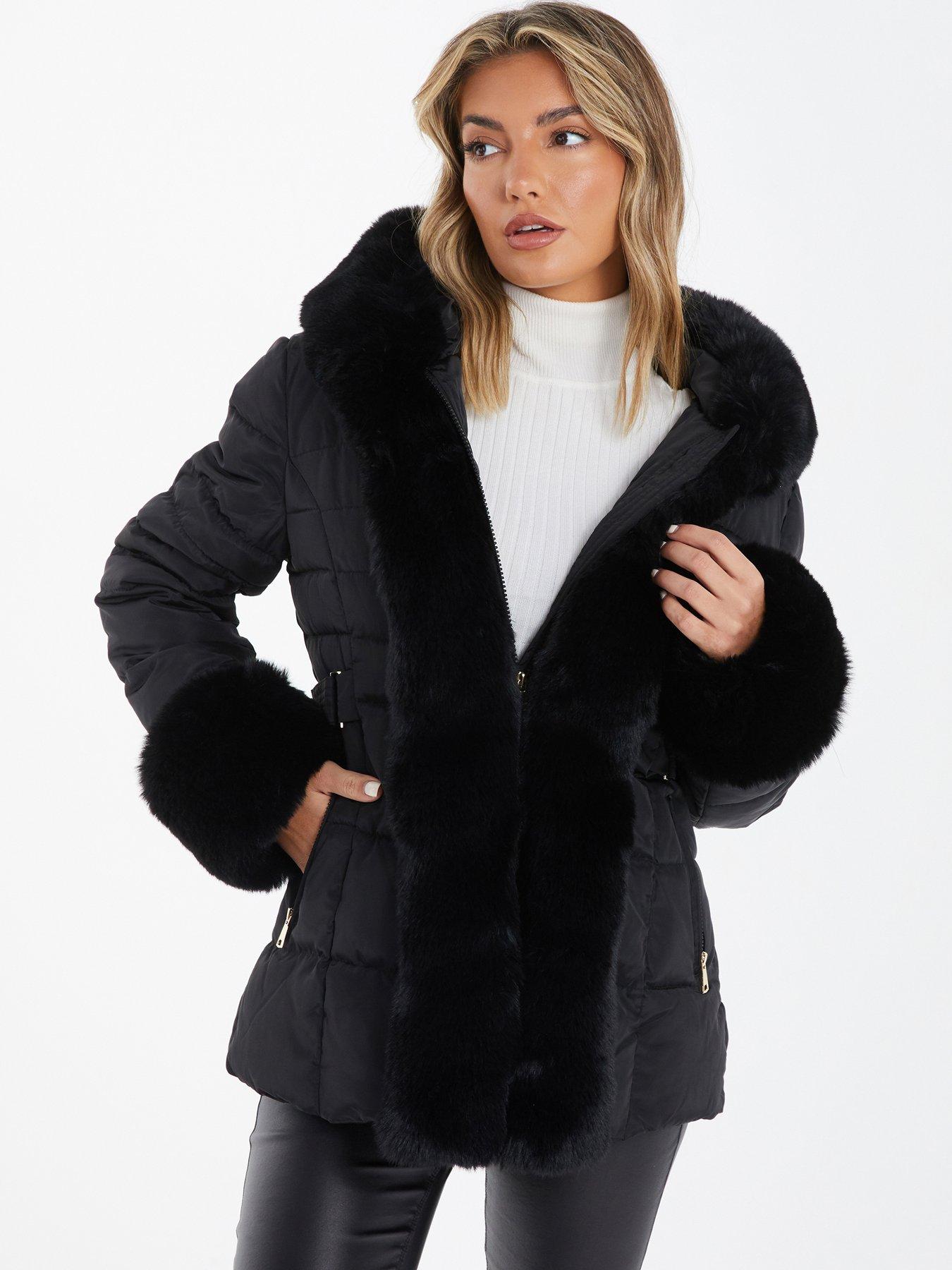 Quiz Padded Faux Fur Trim Jacket | very 