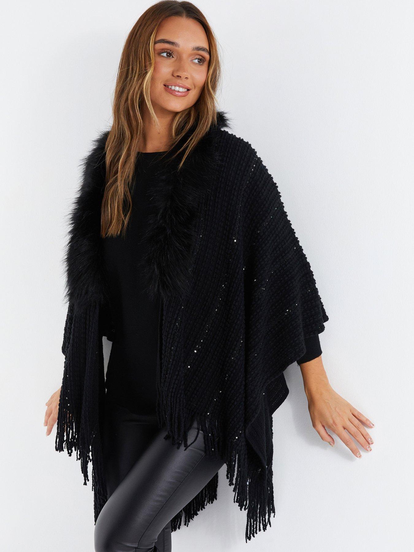 quiz-faux-fur-trim-cape-black