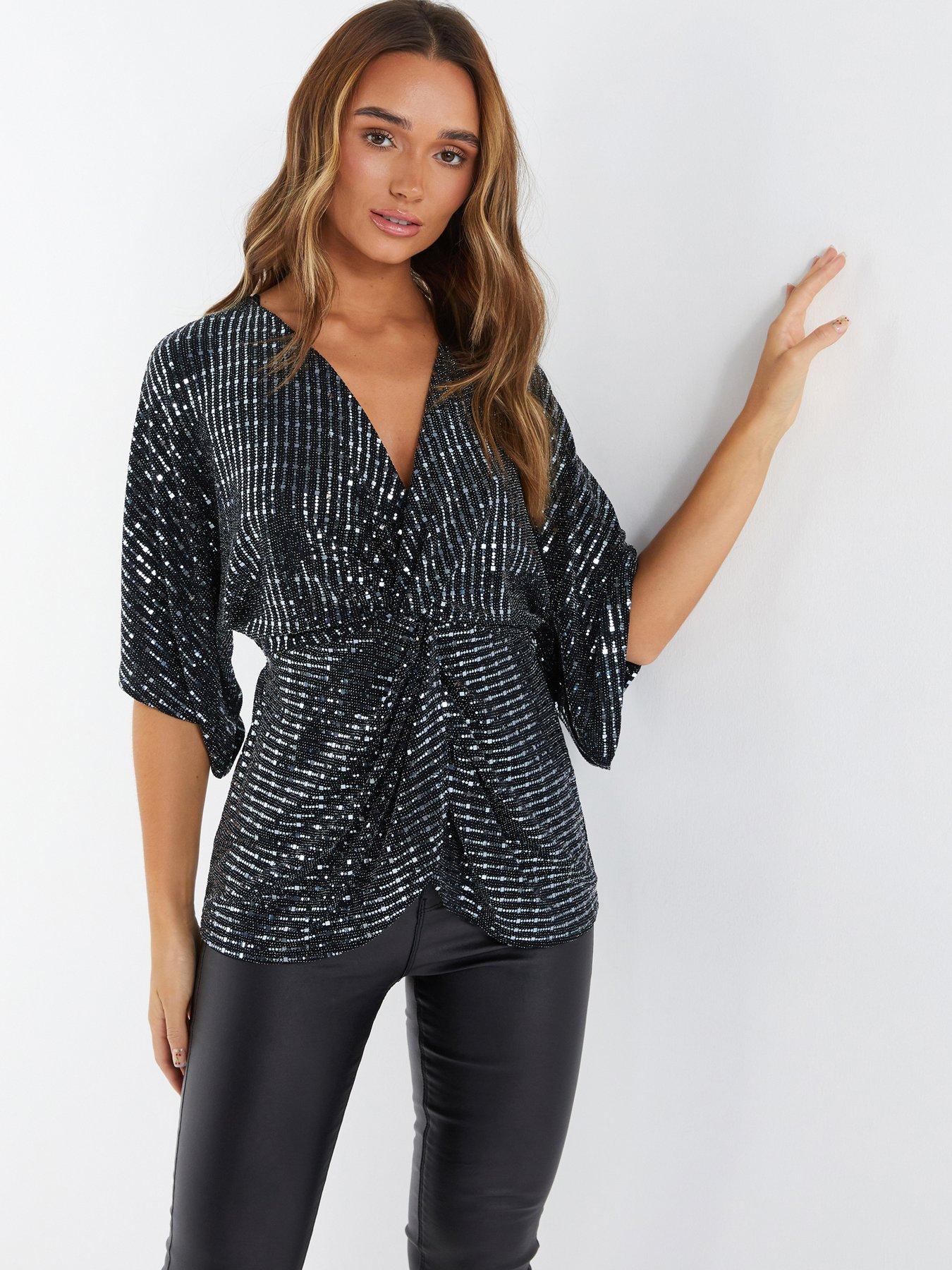 Quiz Sequin Batwing Top - Grey | very.co.uk
