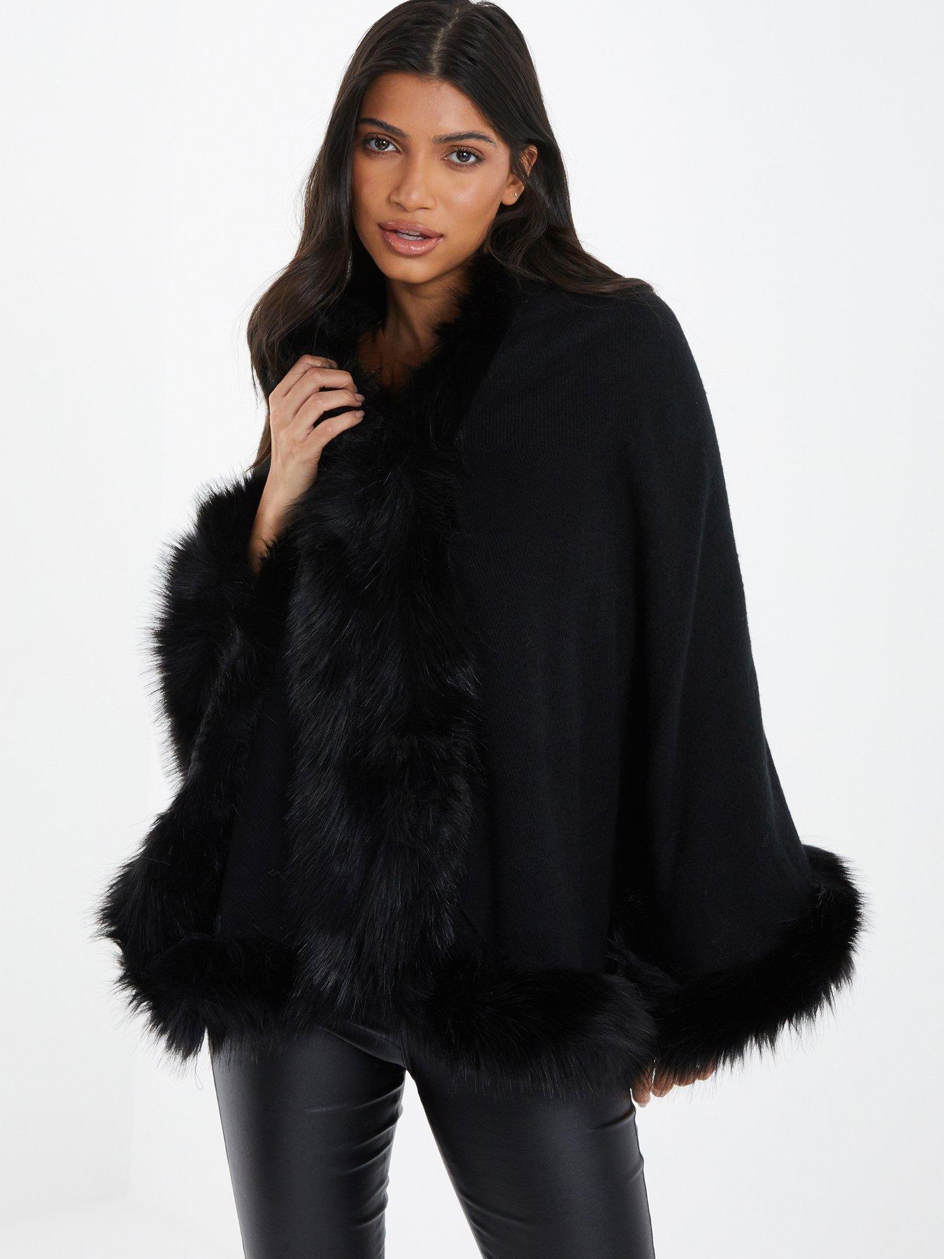 Yumi Black Faux Fur Trim Cape With Paisley Print main image 1