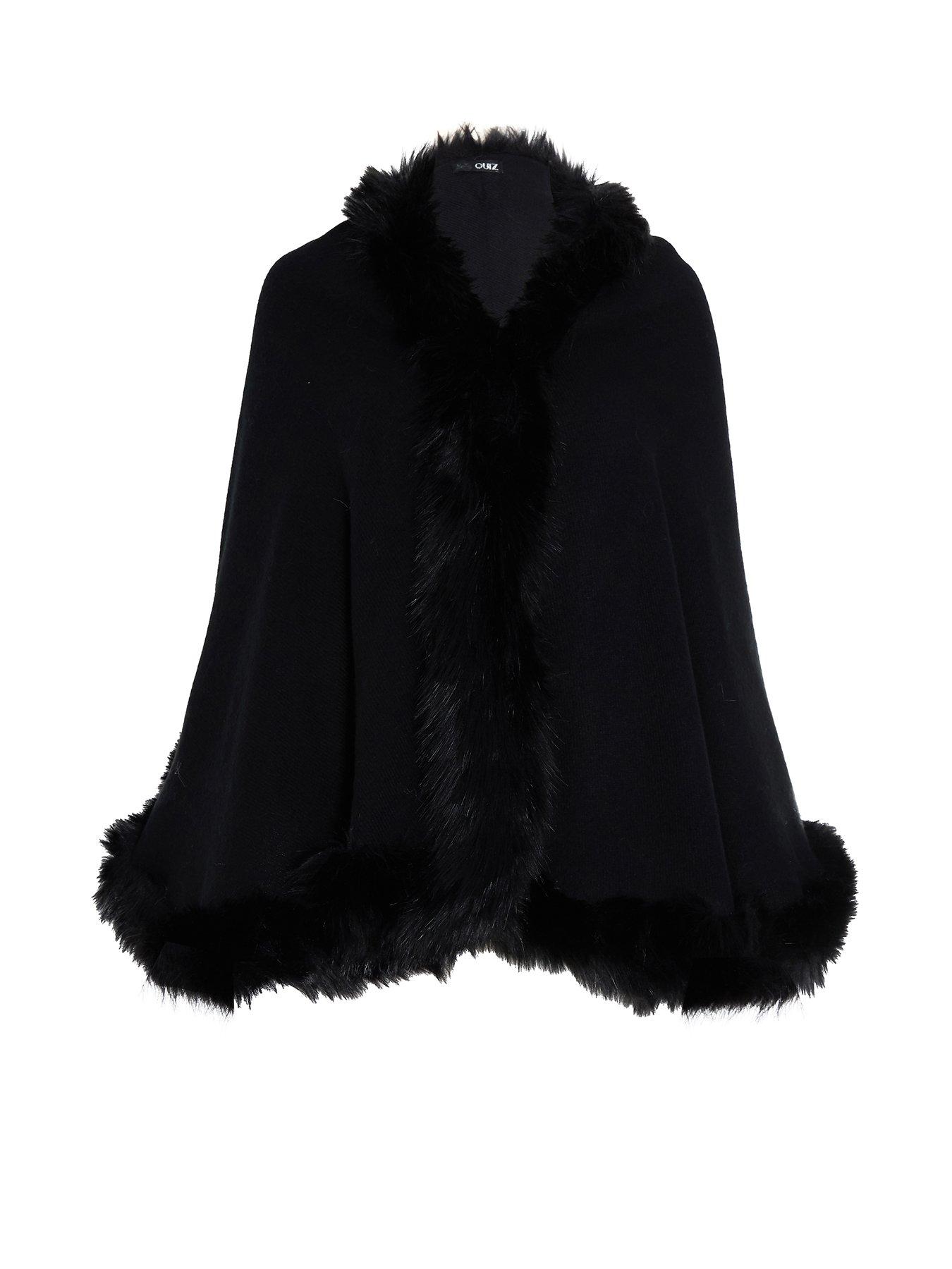 Abstract Print Faux Fur Trim Cape In Black & Camel