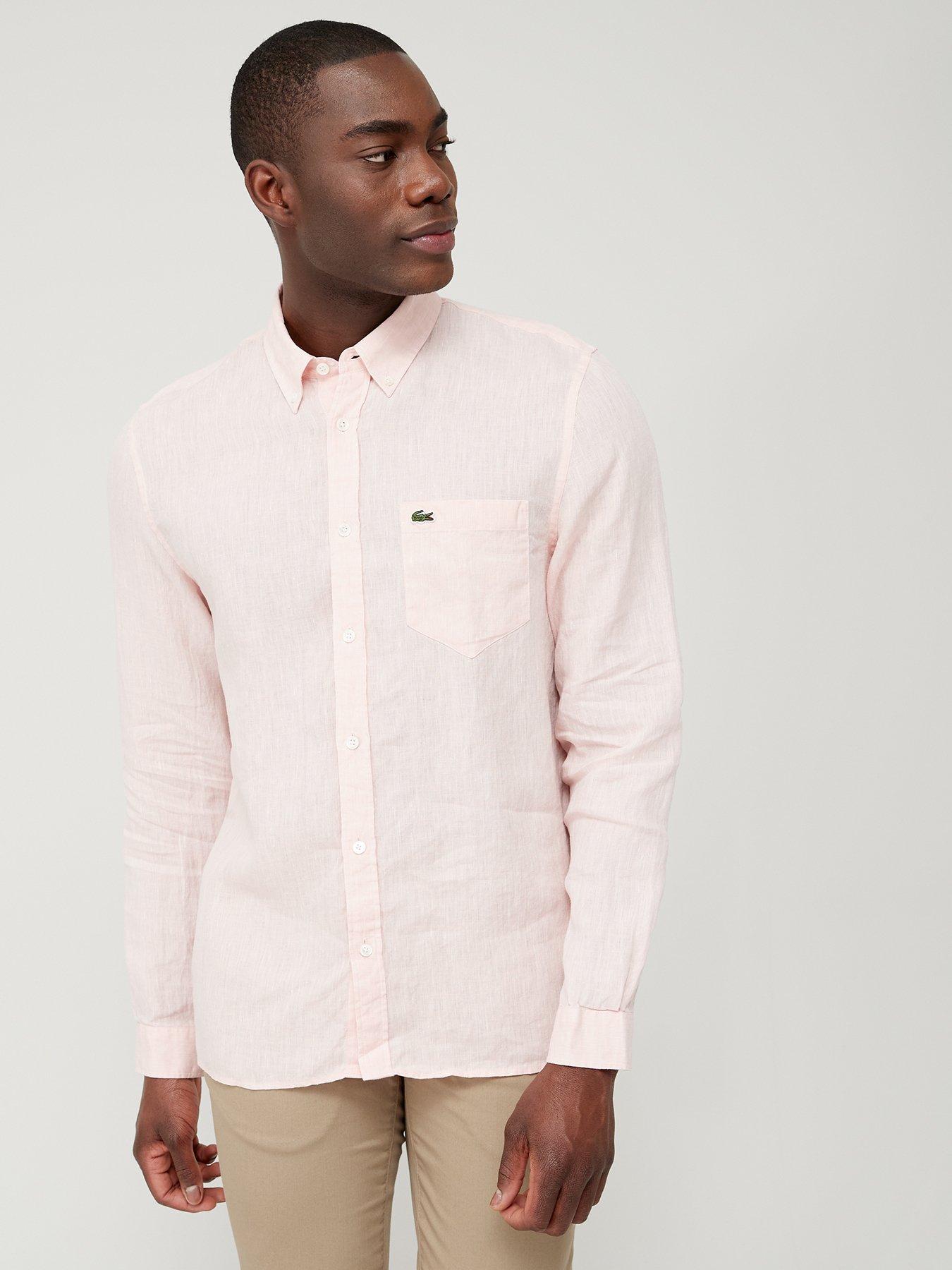 Lacoste Regular Fit Linen Long Sleeve Oxford Shirt, Pink, Size L, Men
