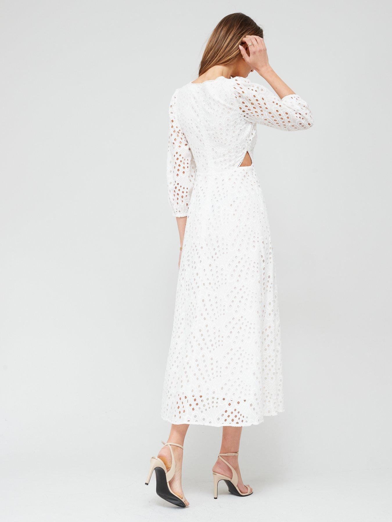 Fig & Basil Ladies Contrast Broidery Midaxi Dress White very.co.uk