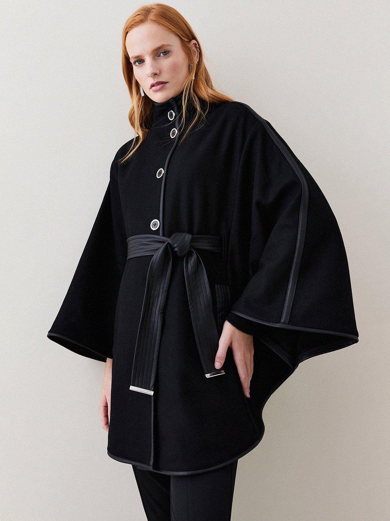 karen millen italian virgin wool pu tipped cape - black