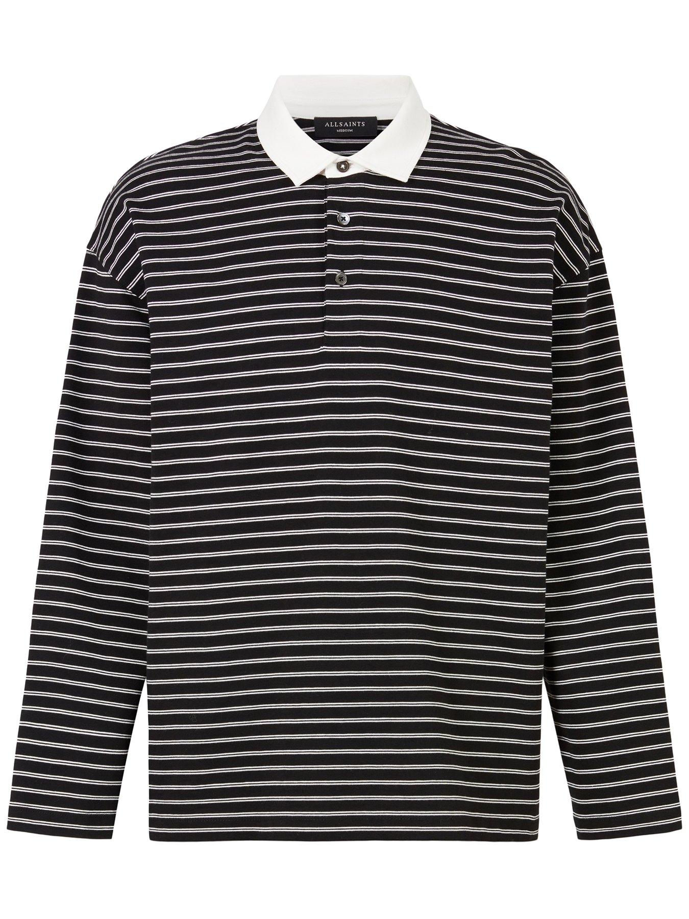 AllSaints Ave Stripe Long Sleeve Polo Shirt Black White