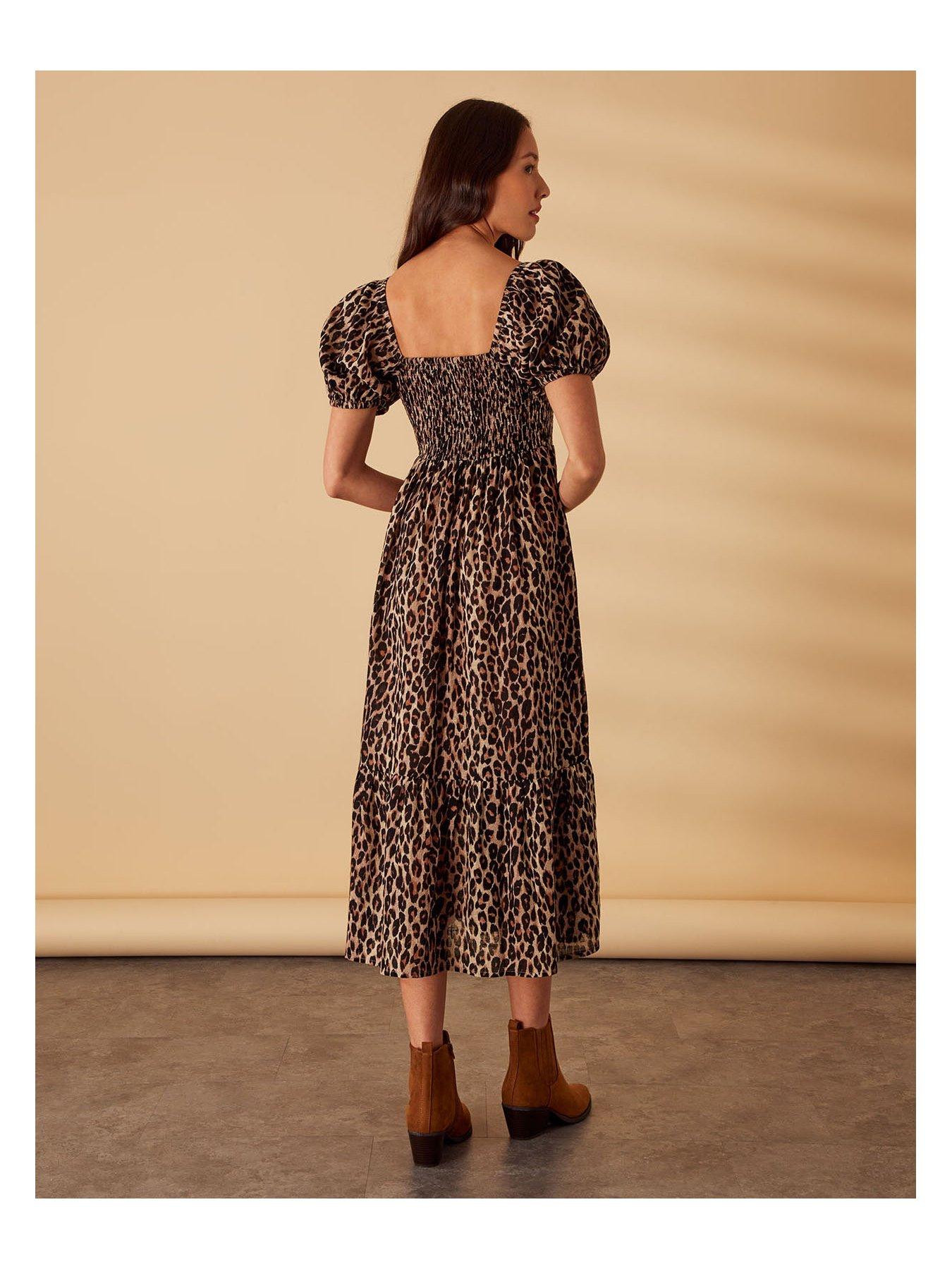 Accessorize Leopard Textured Puff Sleeve Dress very.co.uk
