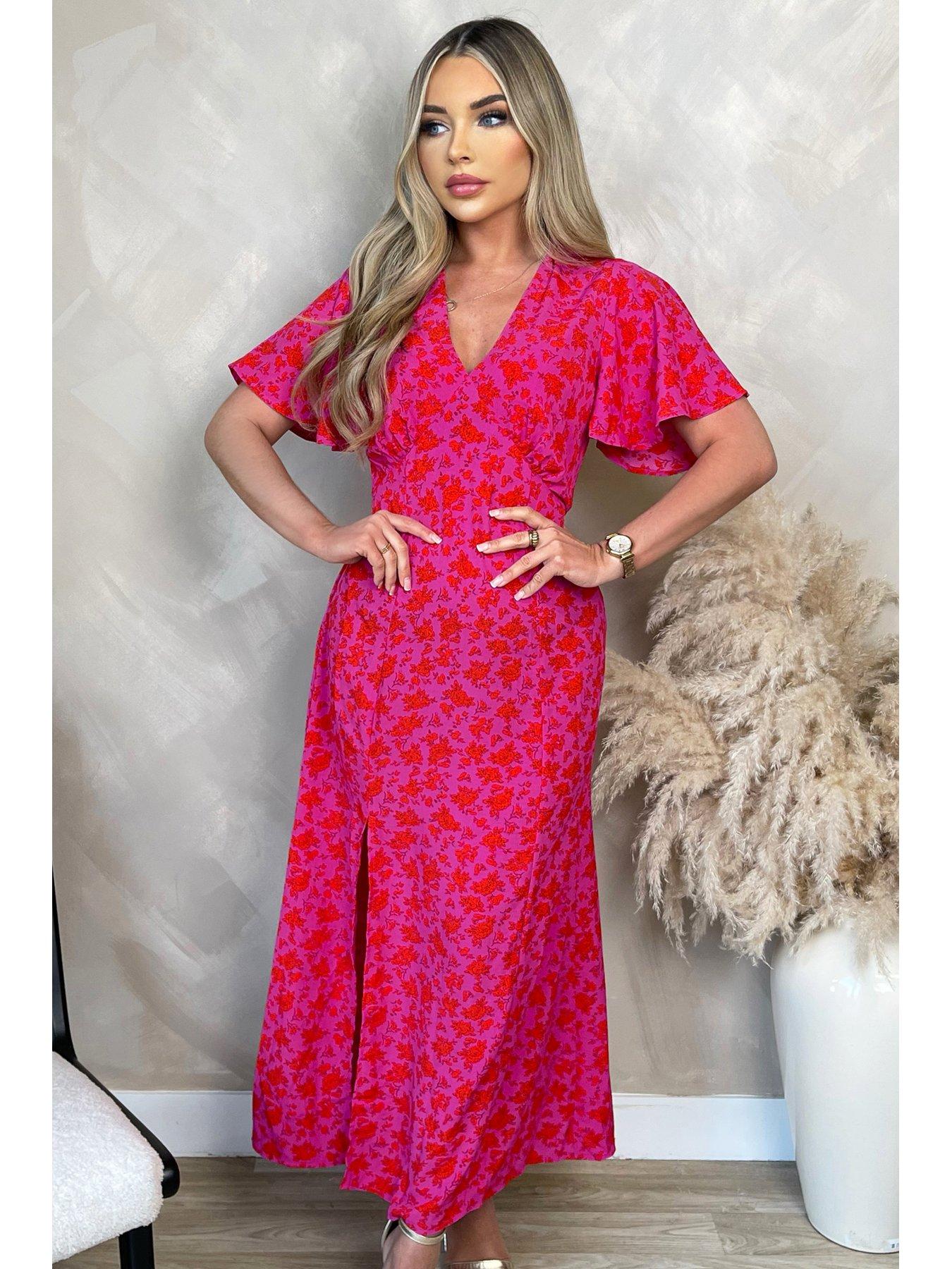 Red floral v neck hot sale dress