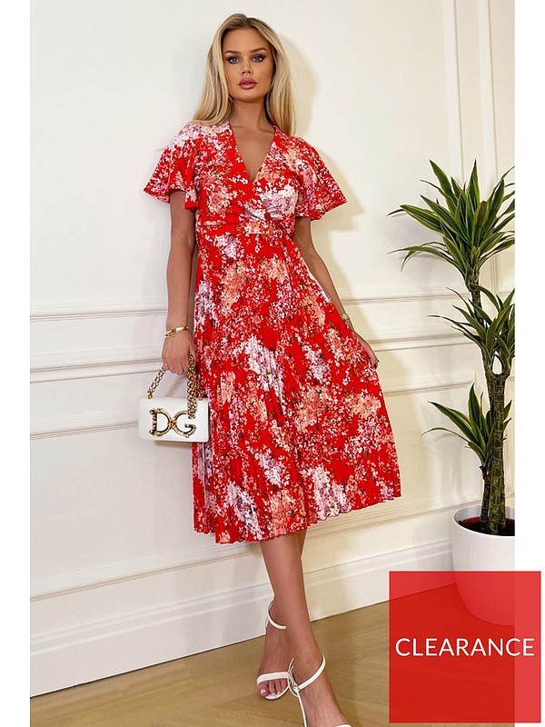 AX Paris Floral Fluted Sleeve Pleated Midi Dress - Red | very.co.uk