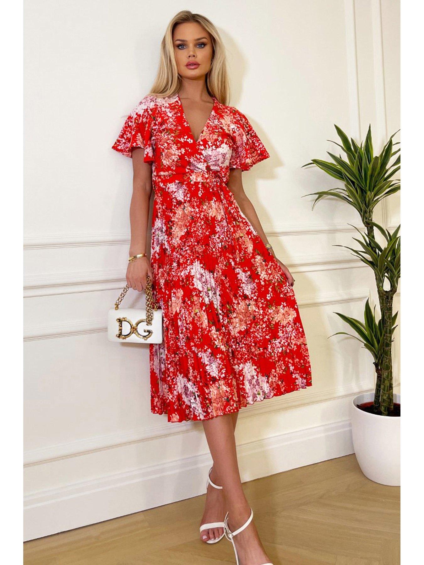 AX Paris Floral Fluted Sleeve Pleated Midi Dress - Red | very.co.uk