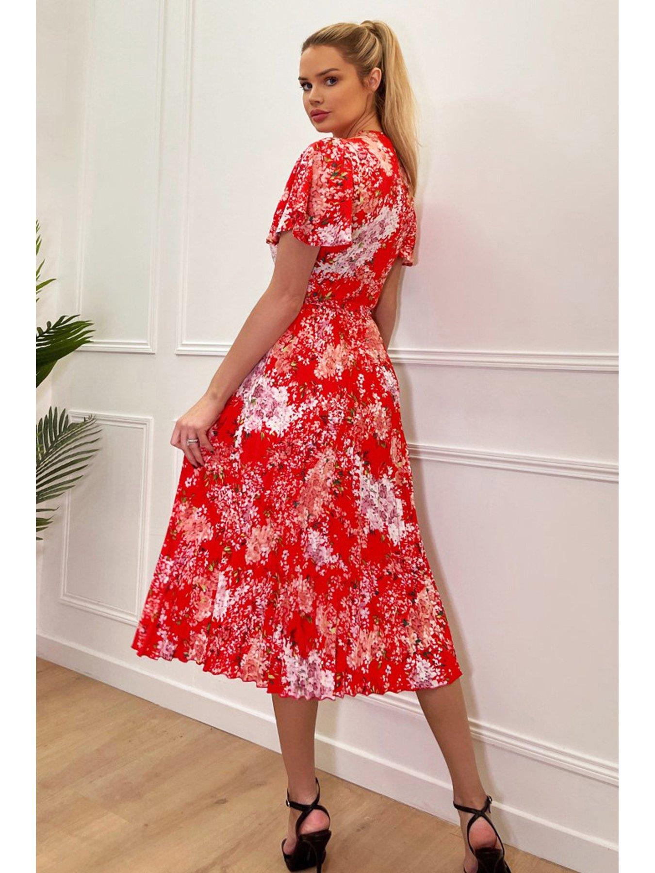 AX Paris Floral Fluted Sleeve Pleated Midi Dress - Red