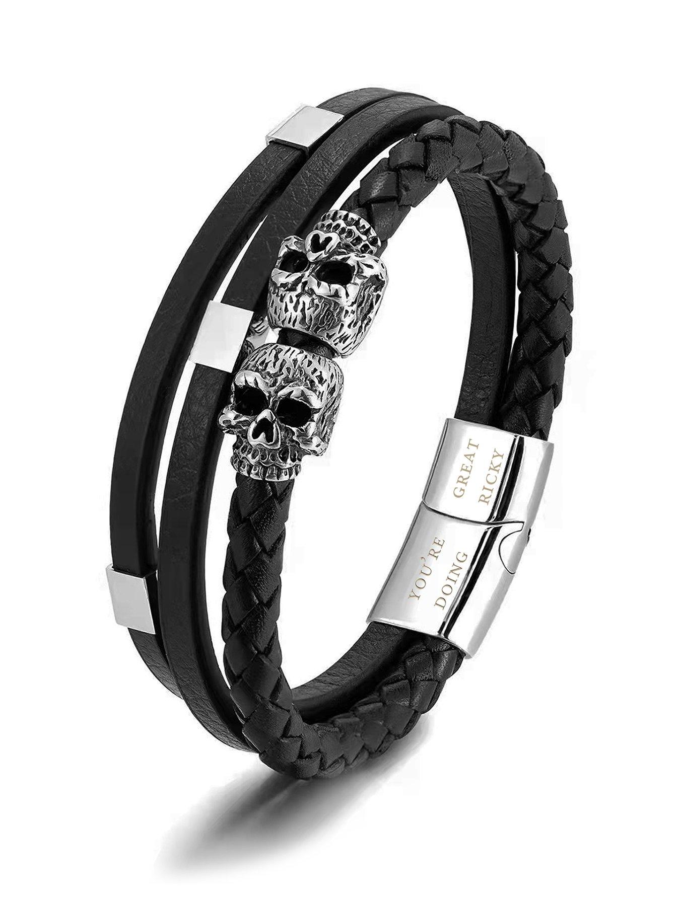 Product photograph of Treat Republic Personalised Mens Skulls Leather Bracelet from very.co.uk