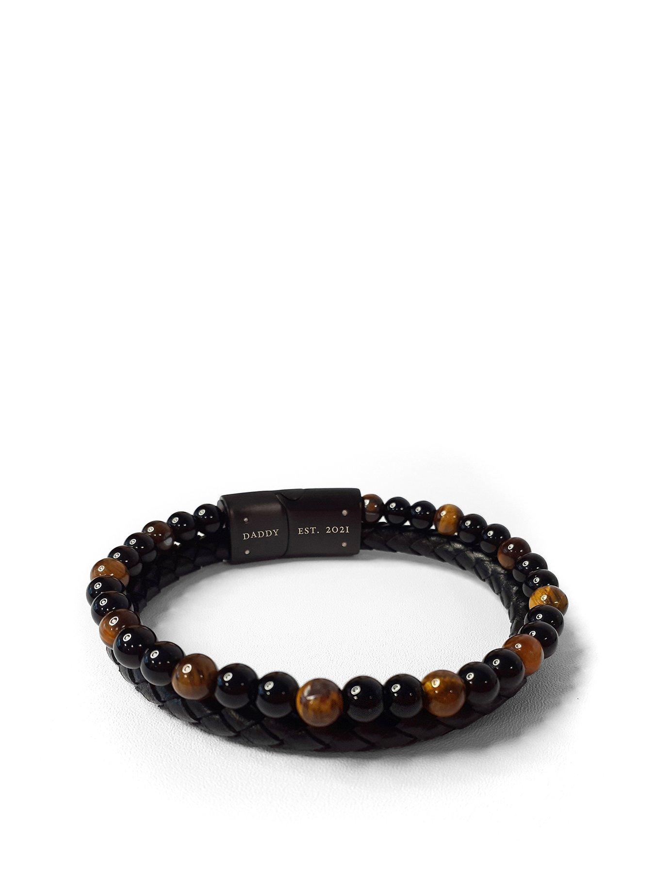 Treat Republic Personalised Men's Tigers Eye Leather and Bead Bracelet