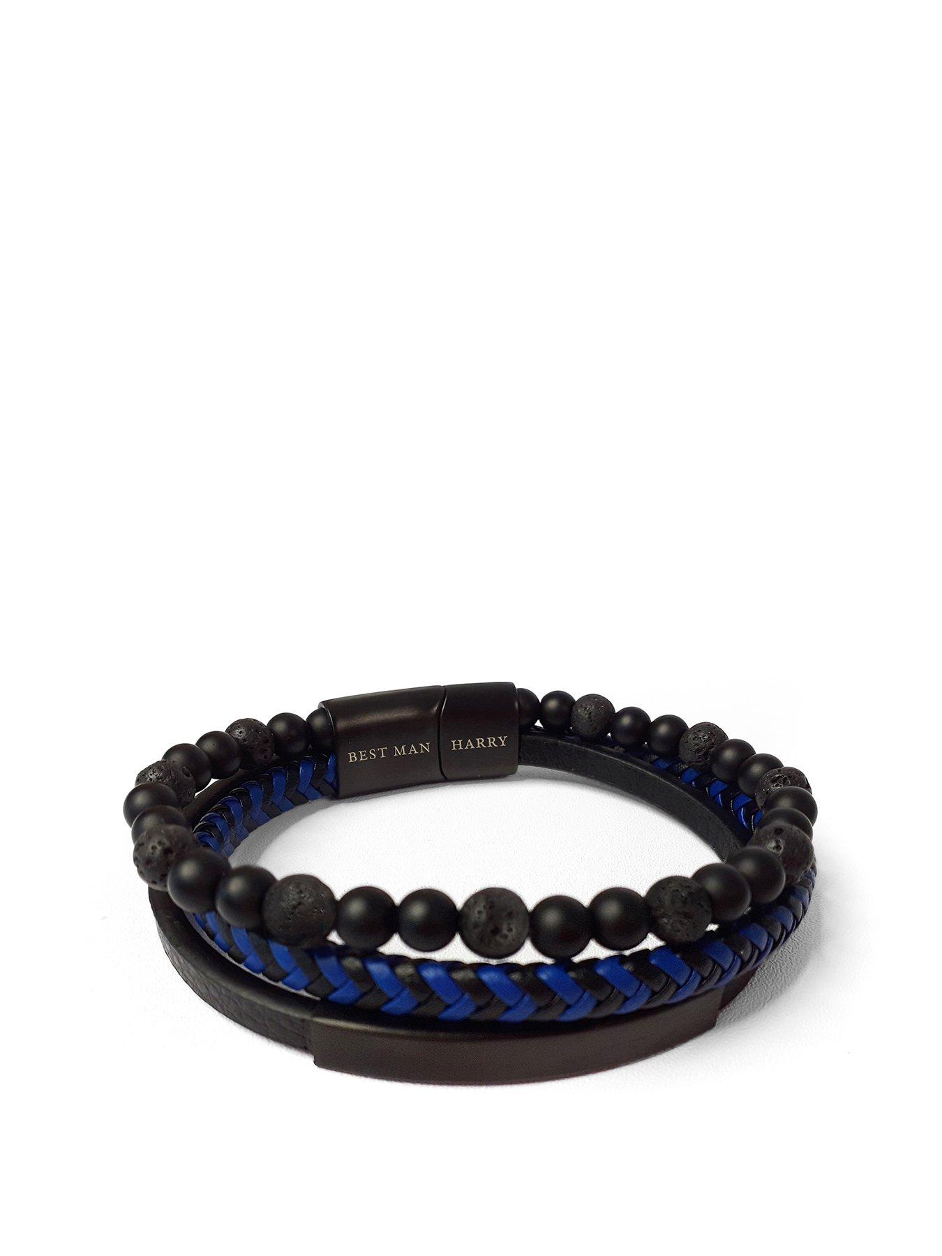 Product photograph of Treat Republic Personalised Mens Black Stone And Blue Cord Bracelet from very.co.uk