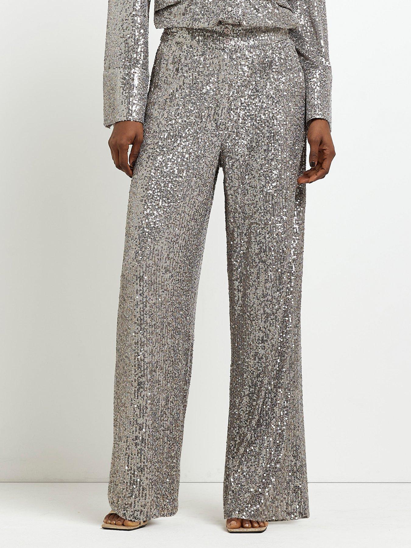 River Island All Over Sequin Trouser - Silver | very.co.uk