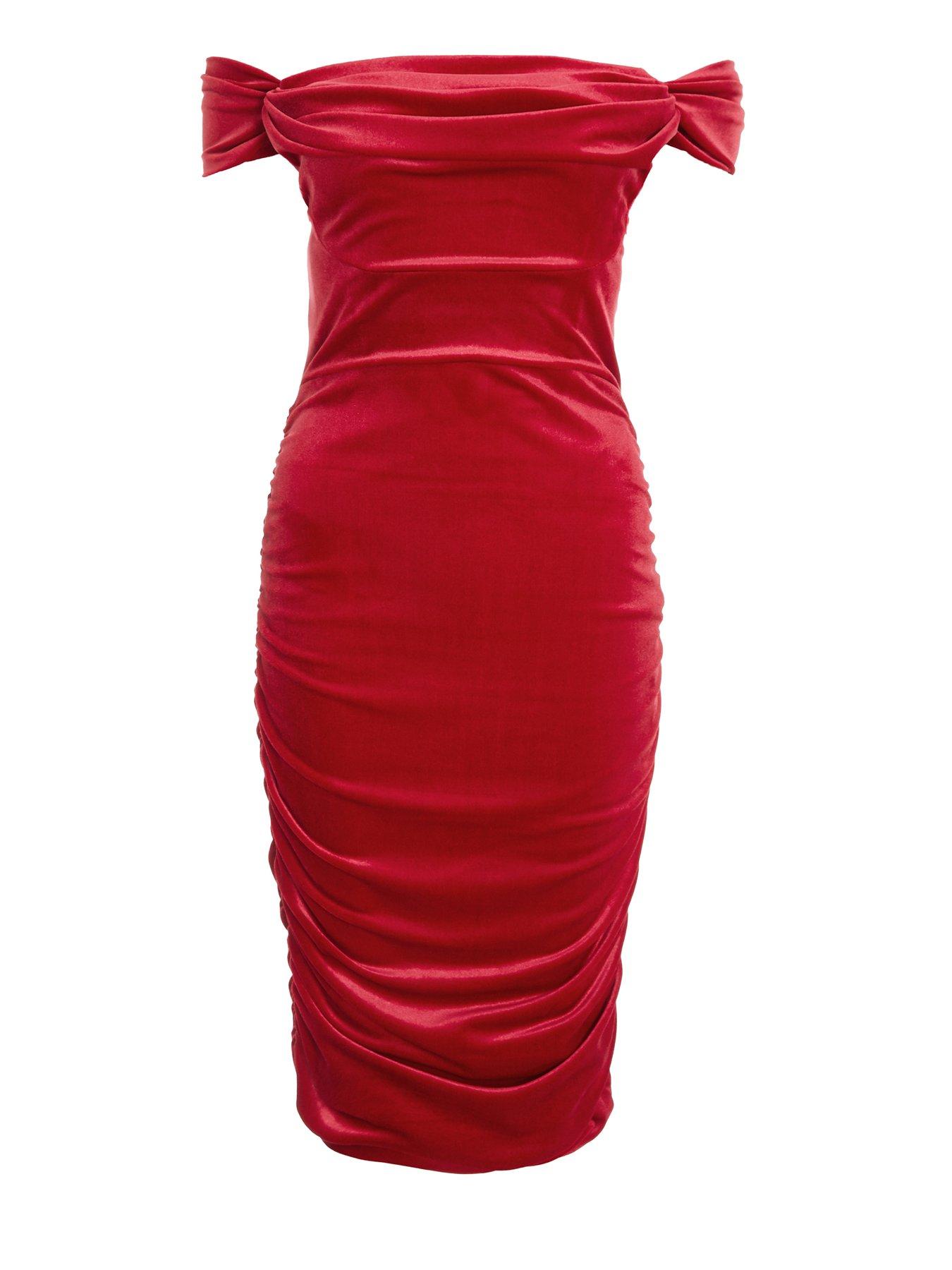 Quiz Velvet Bardot Midi Dress - Red | Very