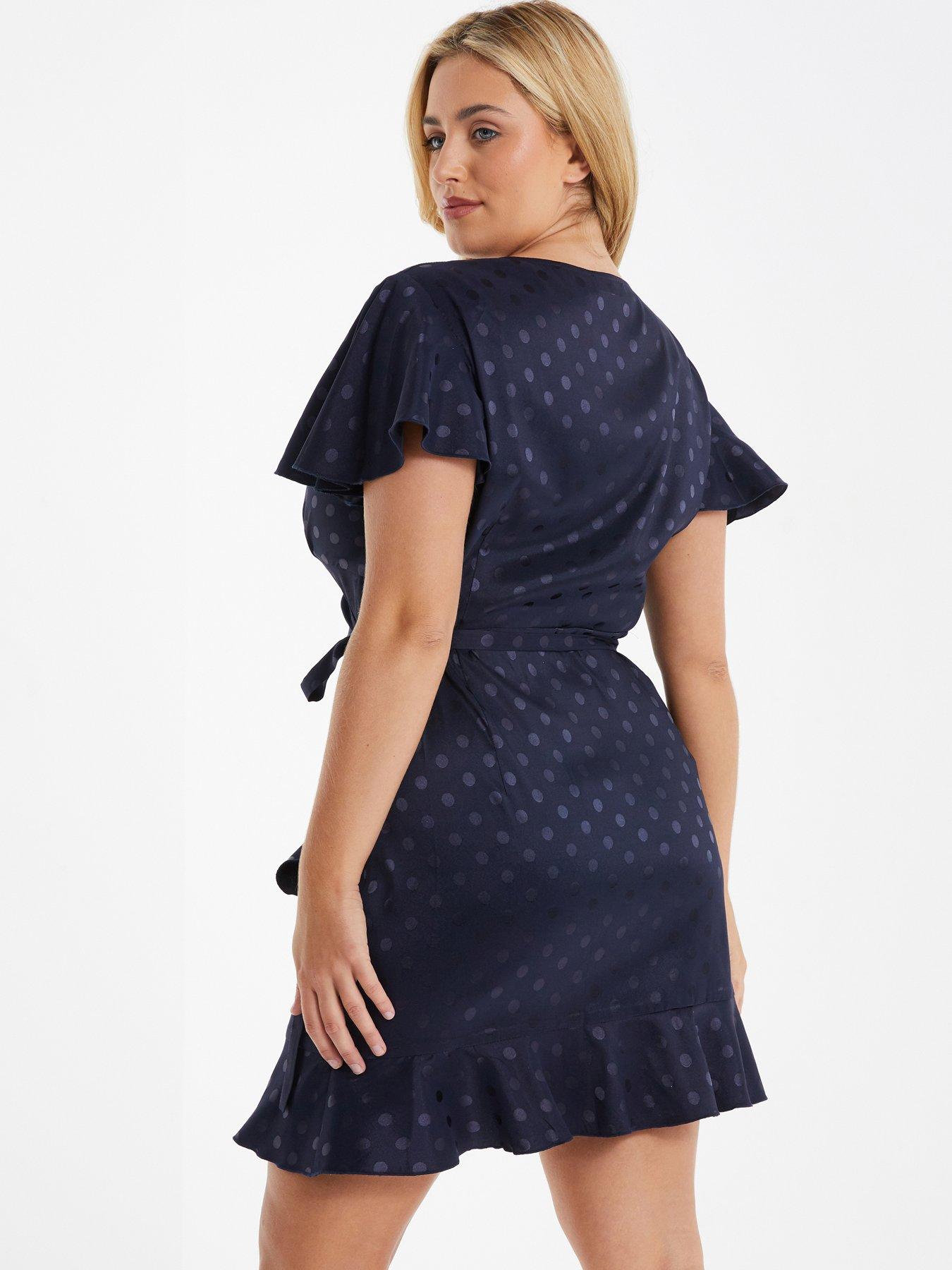 Image 2 of 3 of Quiz Curve Curve Curve Satin Polka Dot Wrap Dress - Dark Blue
