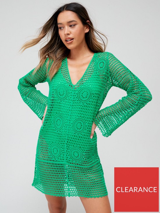 front image of v-by-very-long-sleeve-v-neck-crochet-mini-dress-green