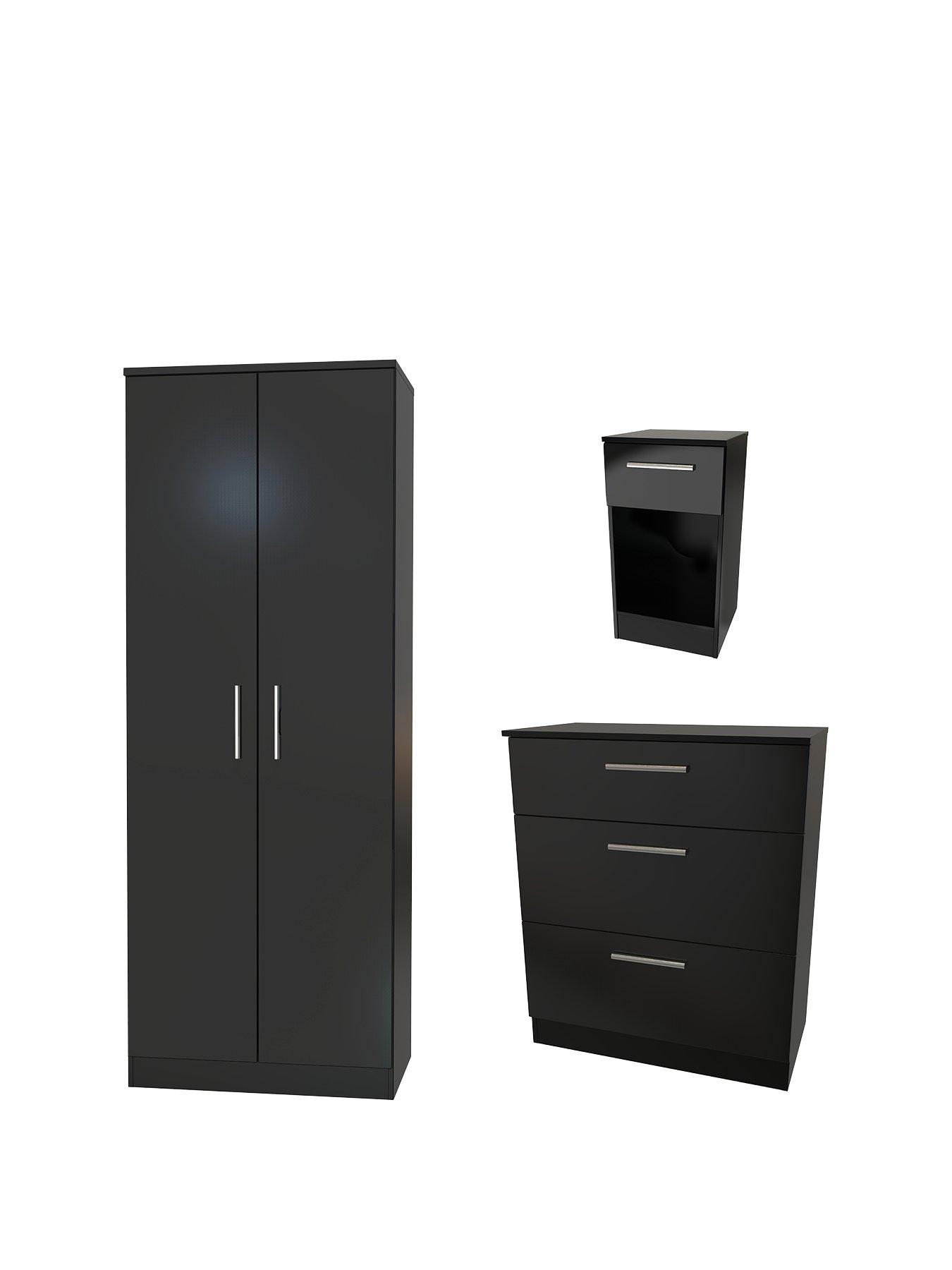 Swift Montreal Gloss 3 Piece Ready Assembled Package  2 Door Wardrobe, 3 Drawer Chest And 1 Drawer Bedside Table - Black