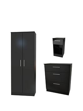 Product photograph of Swift Montreal Gloss 3 Piece Ready Assembled Package Ndash 2 Door Wardrobe 3 Drawer Chest And 1 Drawer Bedside Table - Black from very.co.uk
