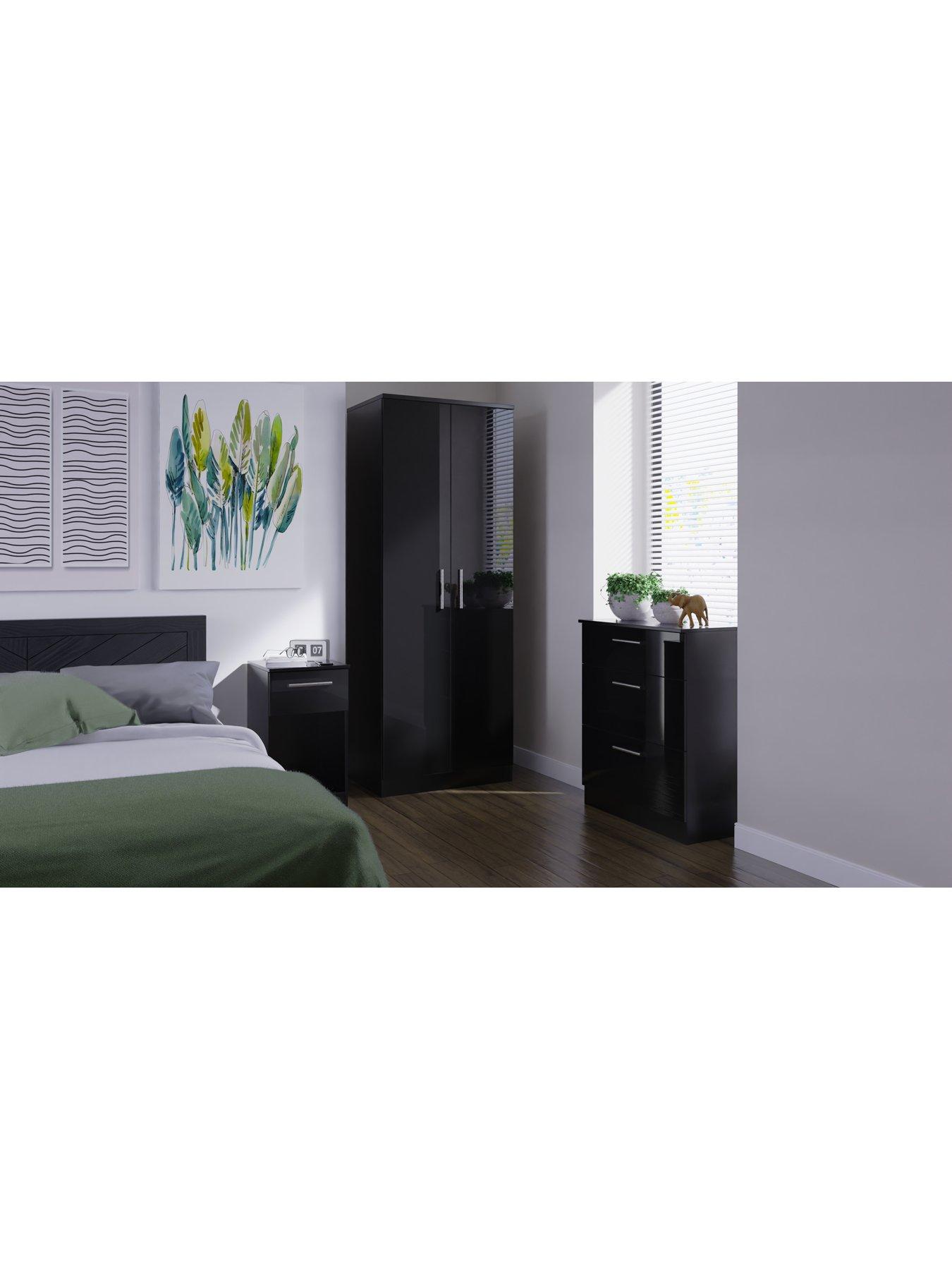 Image 2 of 5 of SWIFT Montreal&nbsp;3&nbsp;piece Ready Assembled Package &ndash; 2&nbsp;Door Wardrobe, 3&nbsp;Drawer Chest and 1 Drawer&nbsp;Bedside Table - Black