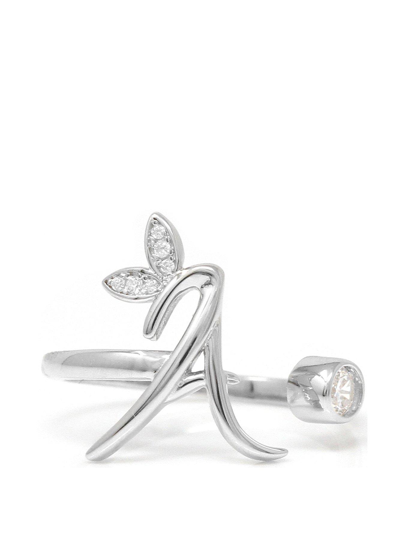 Product photograph of Say It With Adjustable Winged Initial Ring - Sterling Silver from very.co.uk