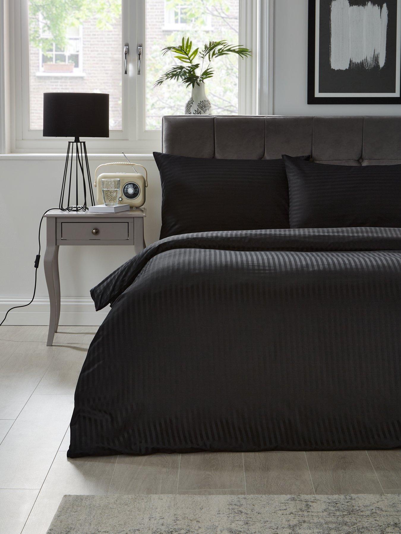 Product photograph of Hotel Collection Luxury 300 Thread Count 100 Cotton Sateen Stripe Duvet Cover Set - Black from very.co.uk