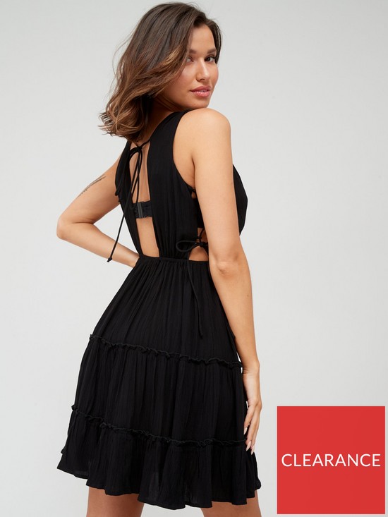 stillFront image of v-by-very-sleeveless-side-tie-detail-crinkle-mini-dress-black