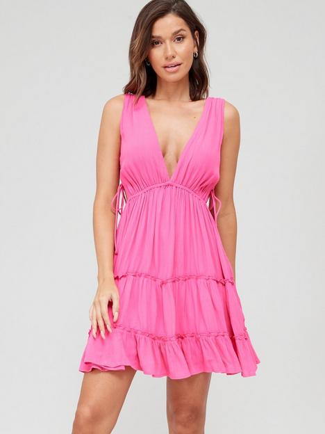 v-by-very-sleeveless-side-tie-detail-crinkle-mini-dress-pink