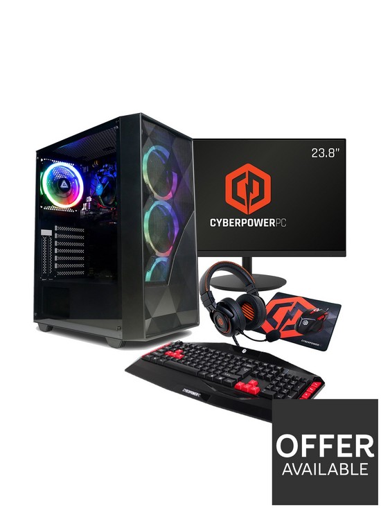 front image of cyberpower-eurus-gaming-pc-bundle-amd-ryzen-5-5600g-8gb-ram-500gb-m2-nvme-ssd-with-238in-monitor-headset-keyboard-mouse-amp-pad
