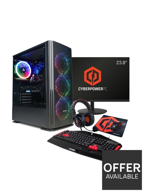 front image of cyberpower-blaze-ryzen-5-rtx-3050-gaming-pc-bundle-with-238in-fhd-monitor-headset-keyboard-mouse-and-mouse-pad