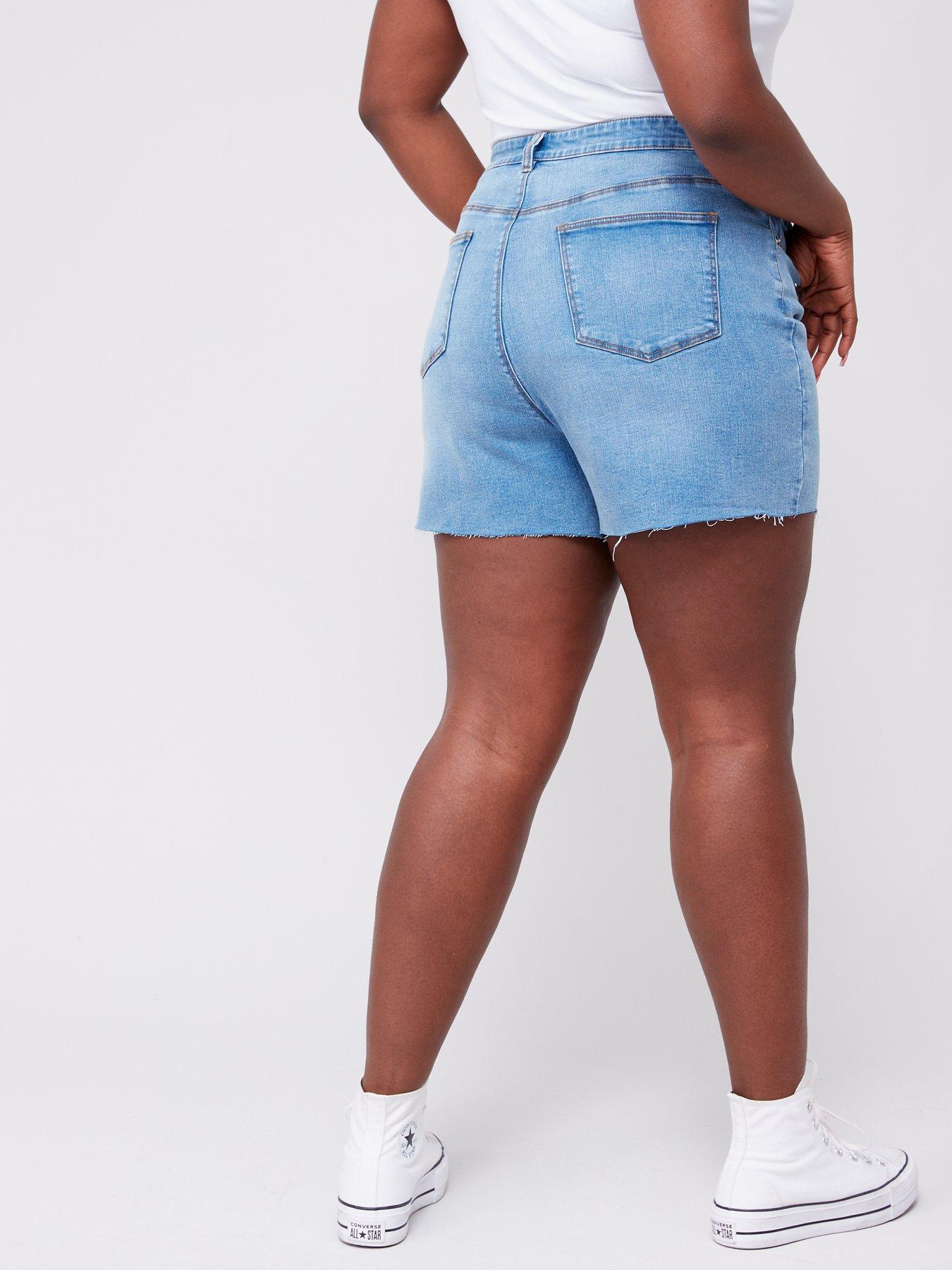 Blue Denim Raw Hem High Waist Bermuda Shorts