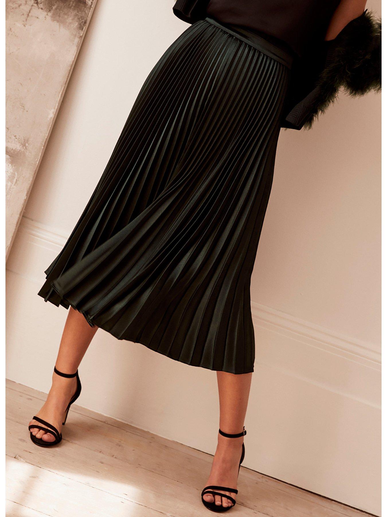 Curves Black Satin Pleated Midi Skirt