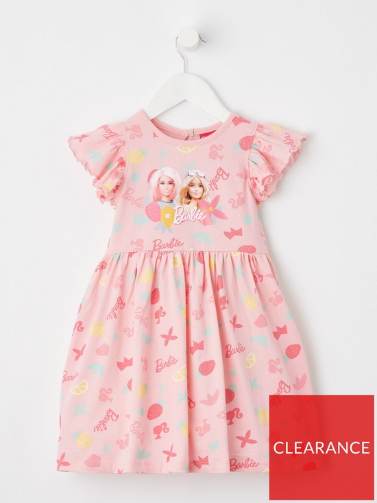 front image of barbie-frill-sleeve-fruit-print-dress-pink