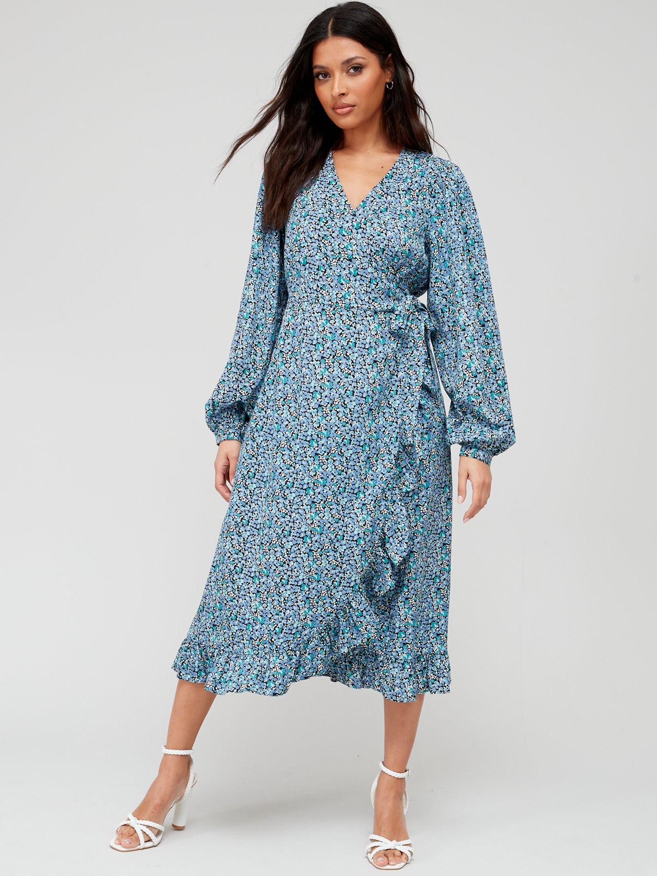 PIECES Long Sleeve Wrap Front Floral Midi Dress- Blue | Very.co.uk