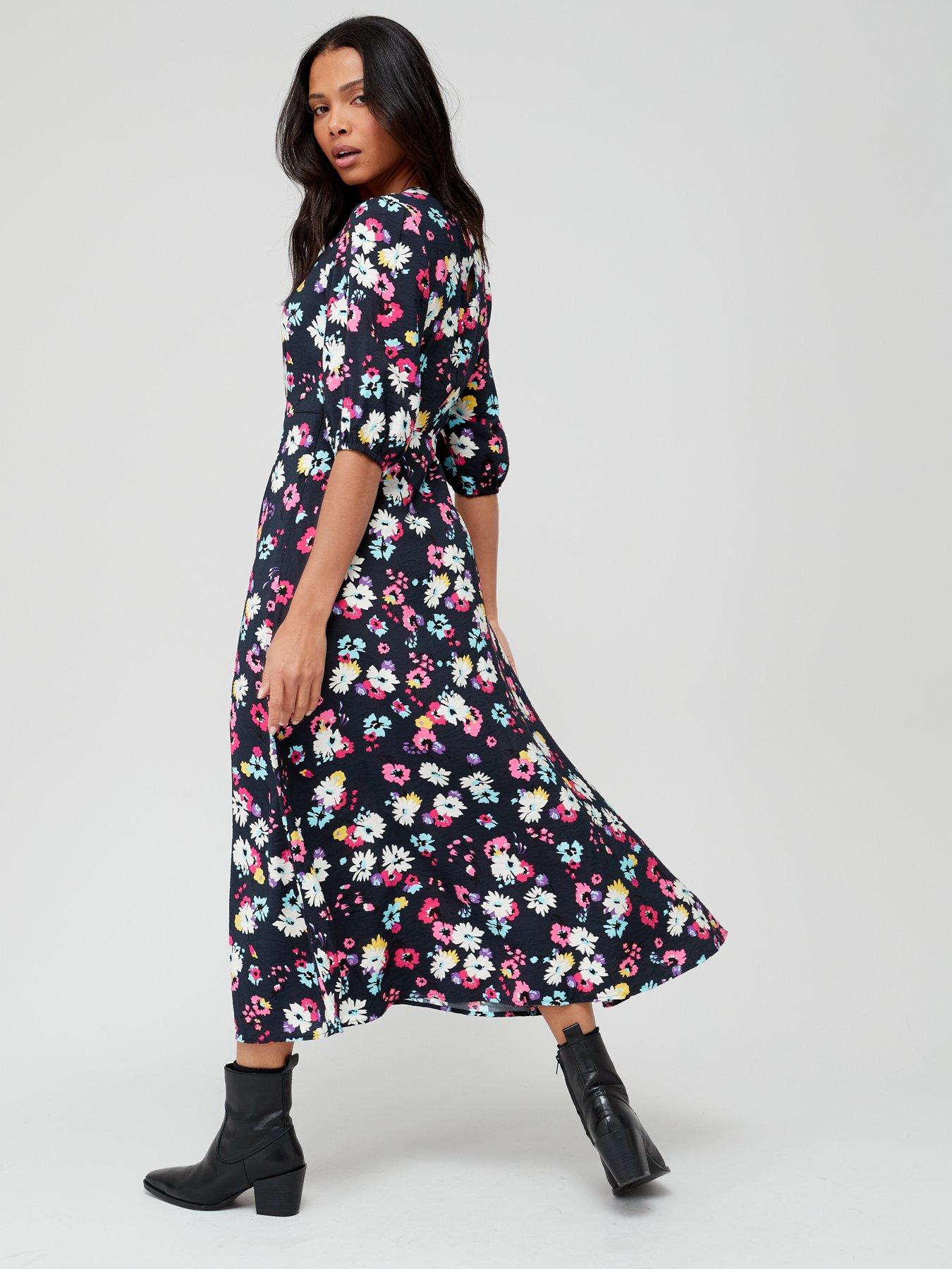 Floral 3 4 Length Sleeve Maxi Dress Black