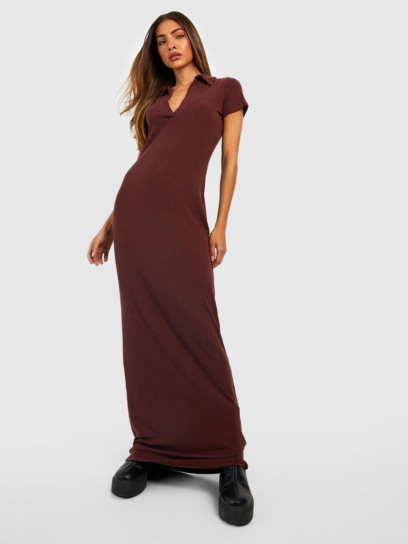 Boohoo Rib Knit Collared Maxi Dress - Chocolate