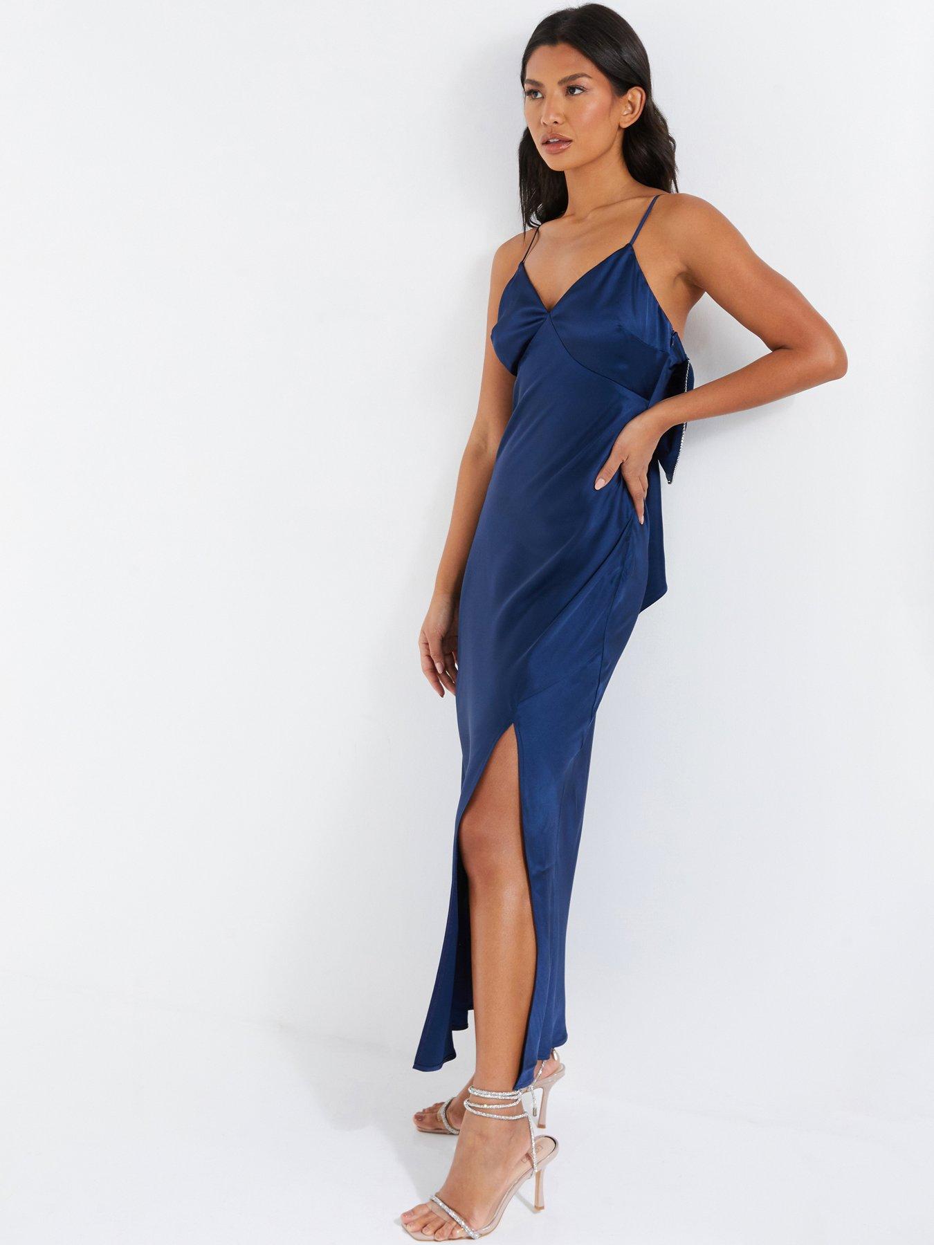 Quiz Satin Bow Midaxi Dress - Dark Blue | Very.co.uk